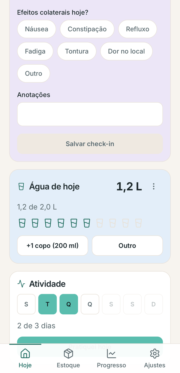 Tela de água, atividade e refeições do Peptu.