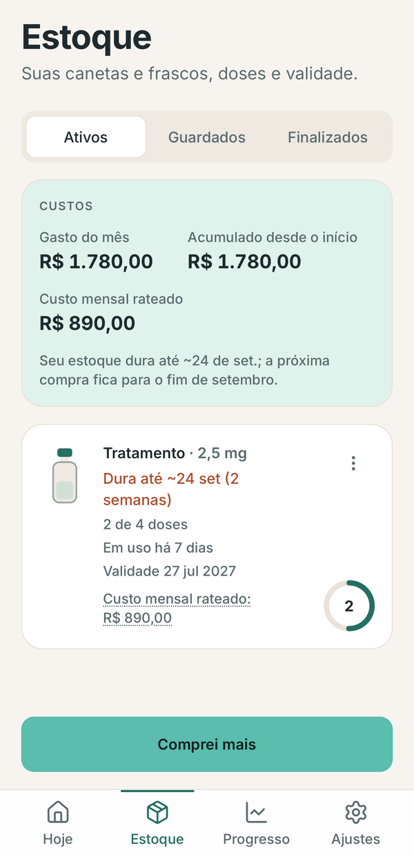 Tela de estoque do Peptu, com validade, unidades e custo por período.