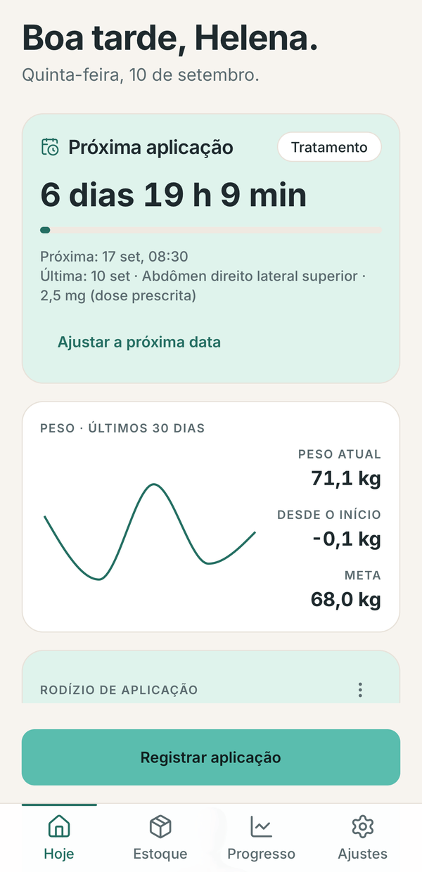 Tela Hoje do Peptu, com a próxima aplicação, o rodízio e os primeiros passos.