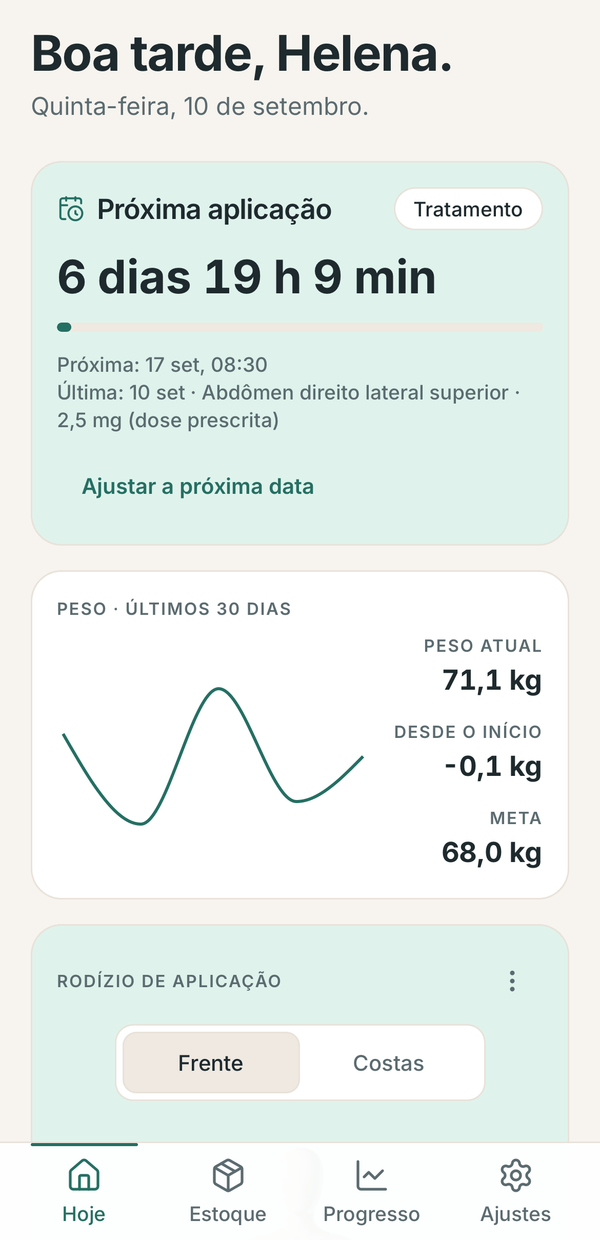 Tela de peso e bem-estar do Peptu, com o gráfico e o check-in do dia.